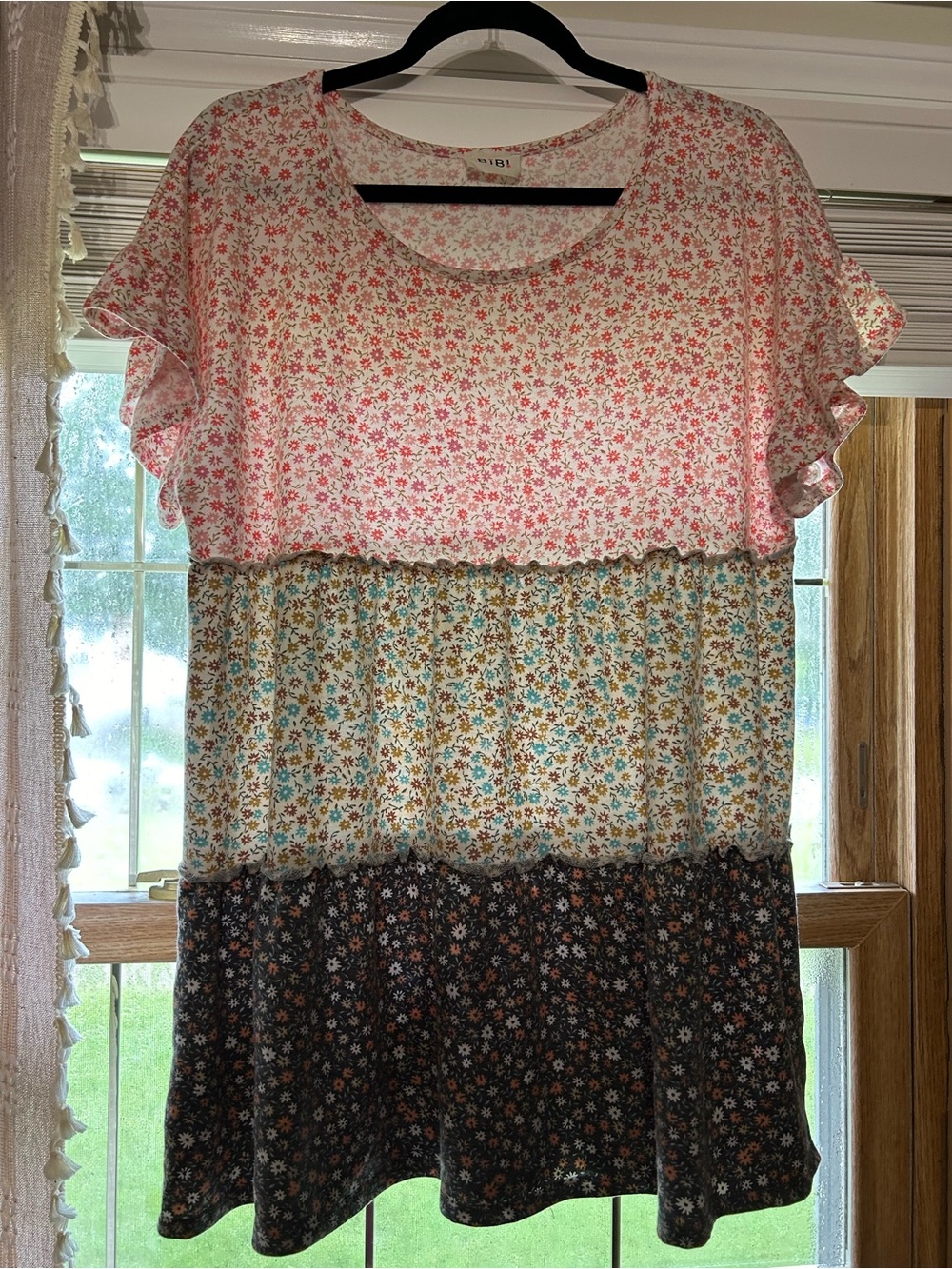 BiBi Floral Tiered Short-Sleeve Tunic in Pink/Blue/Brown - Picture 2 of 5